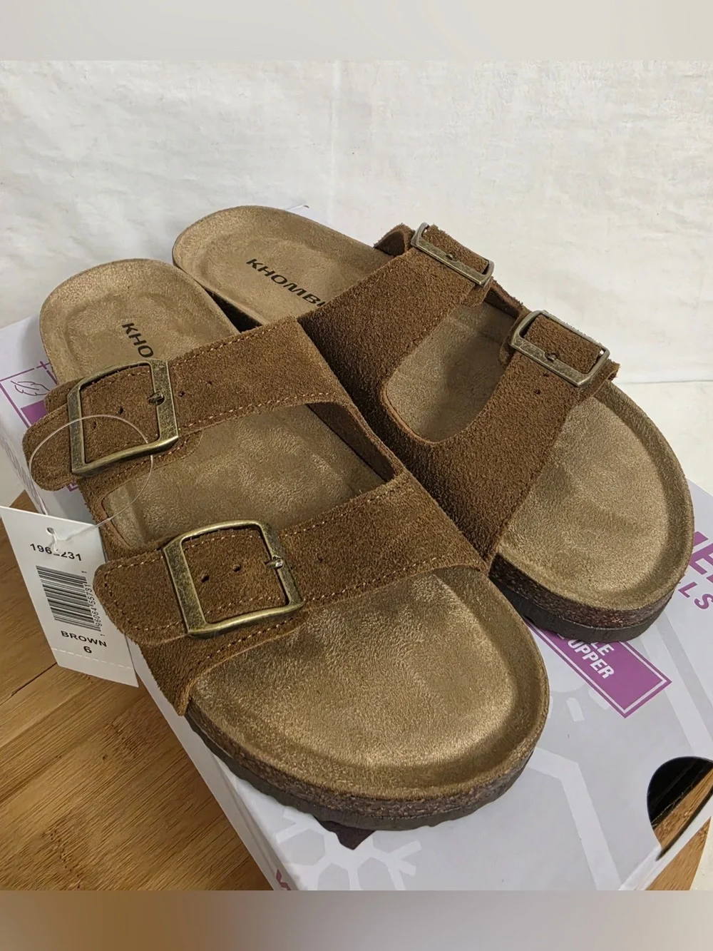 Khombu Ashville Women's 6 Brown Suede Double Buckle Cork Slide Sandals New